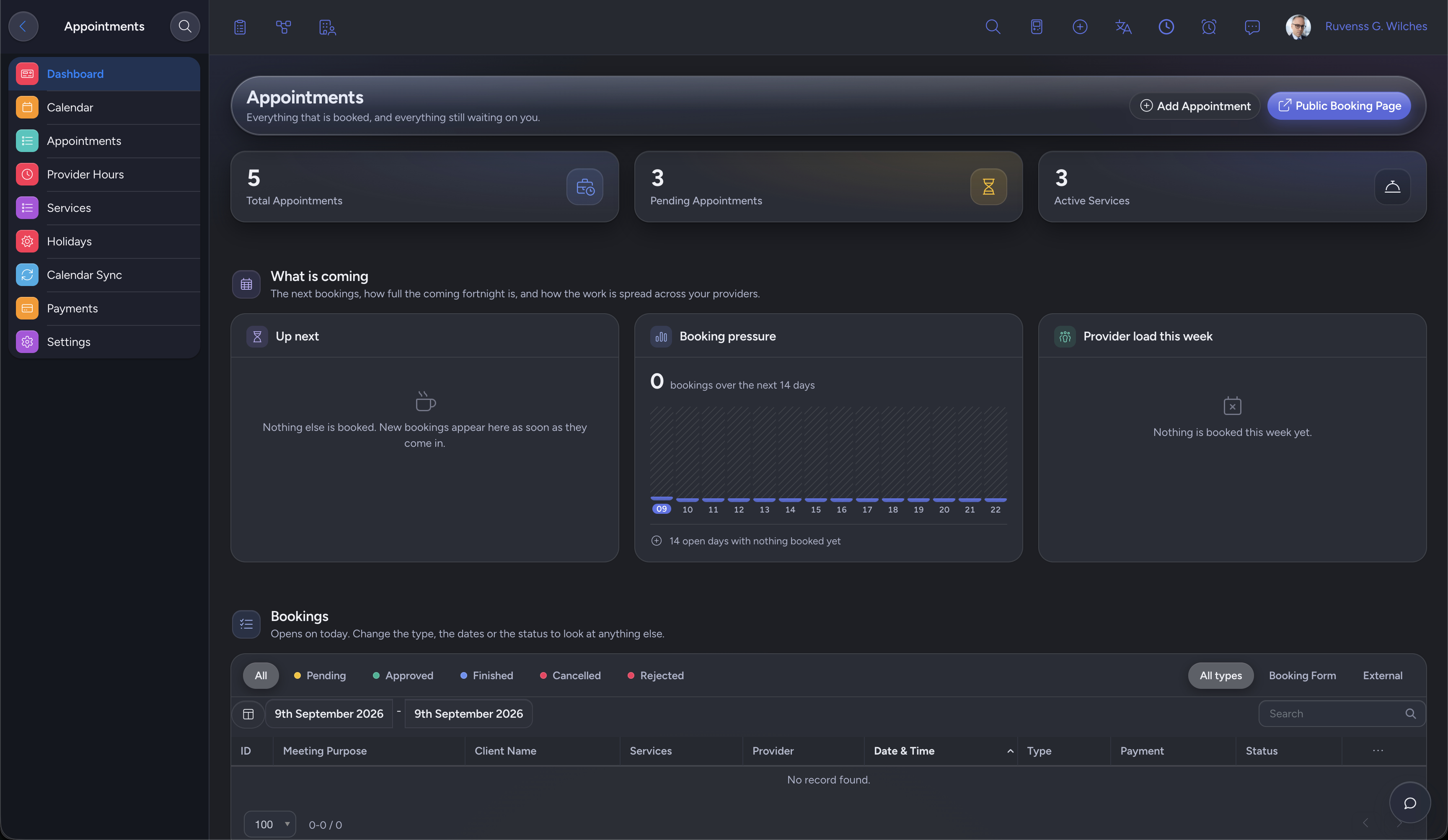 NIZU Appointments booking page and calendar overview in dark mode