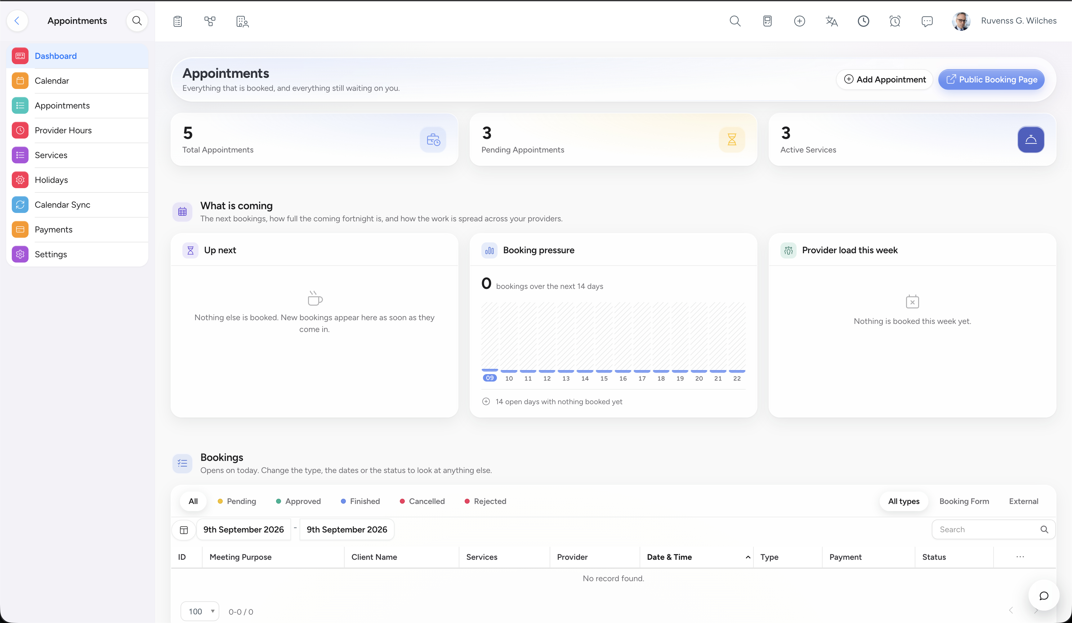 NIZU Appointments booking page and calendar overview in light mode