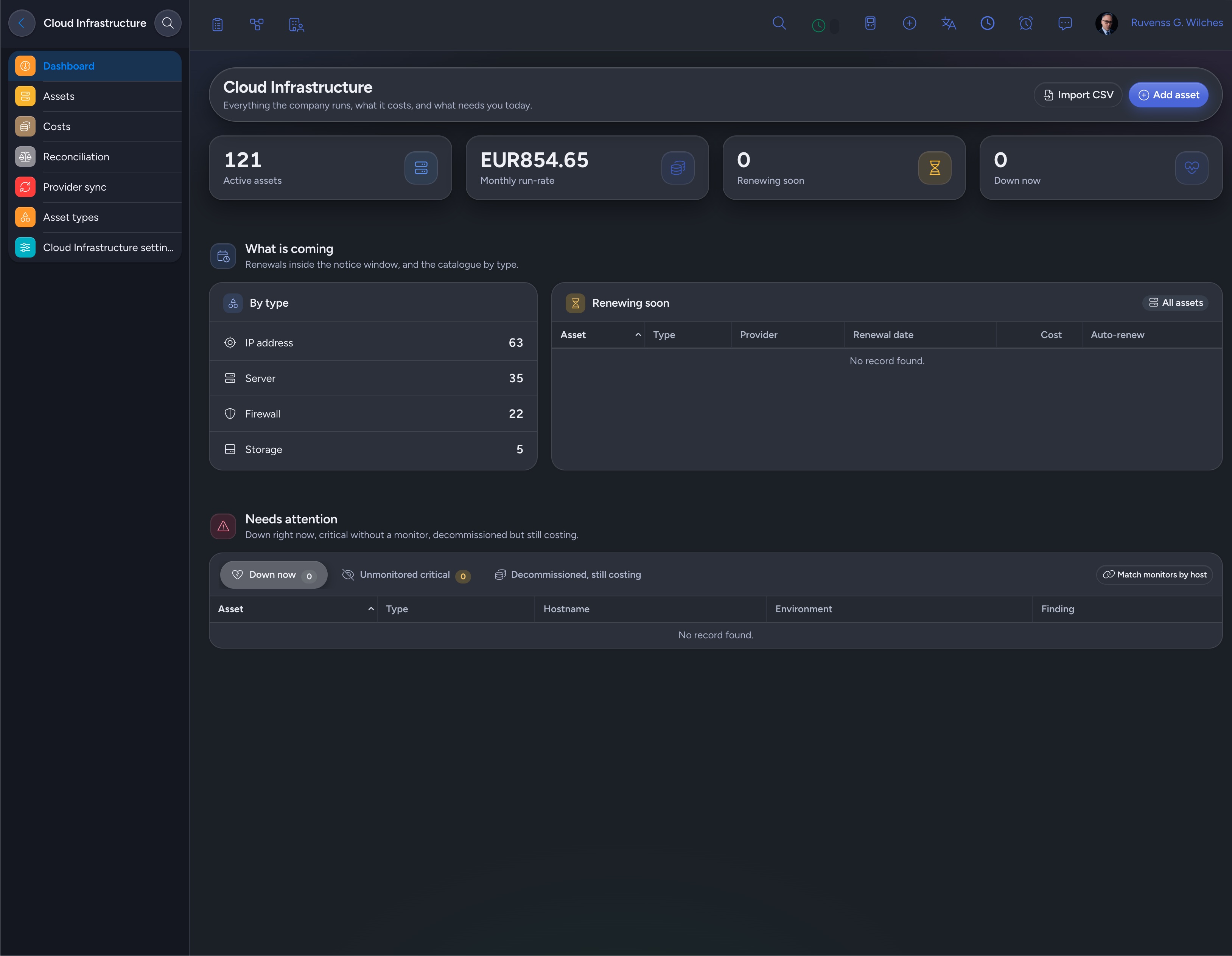 NIZU Cloud Infrastructure asset catalogue in dark mode