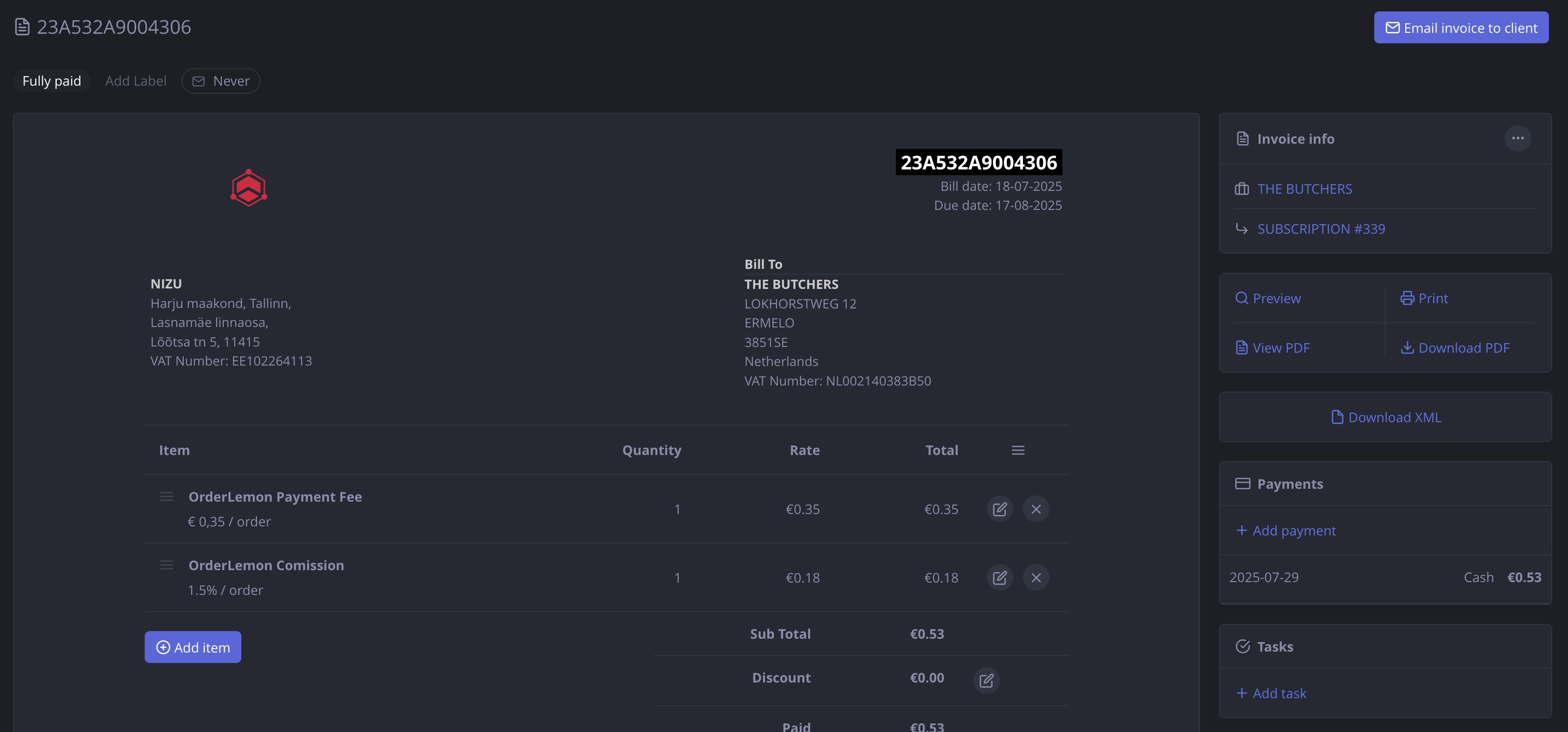 NIZU Invoices interface dark mode