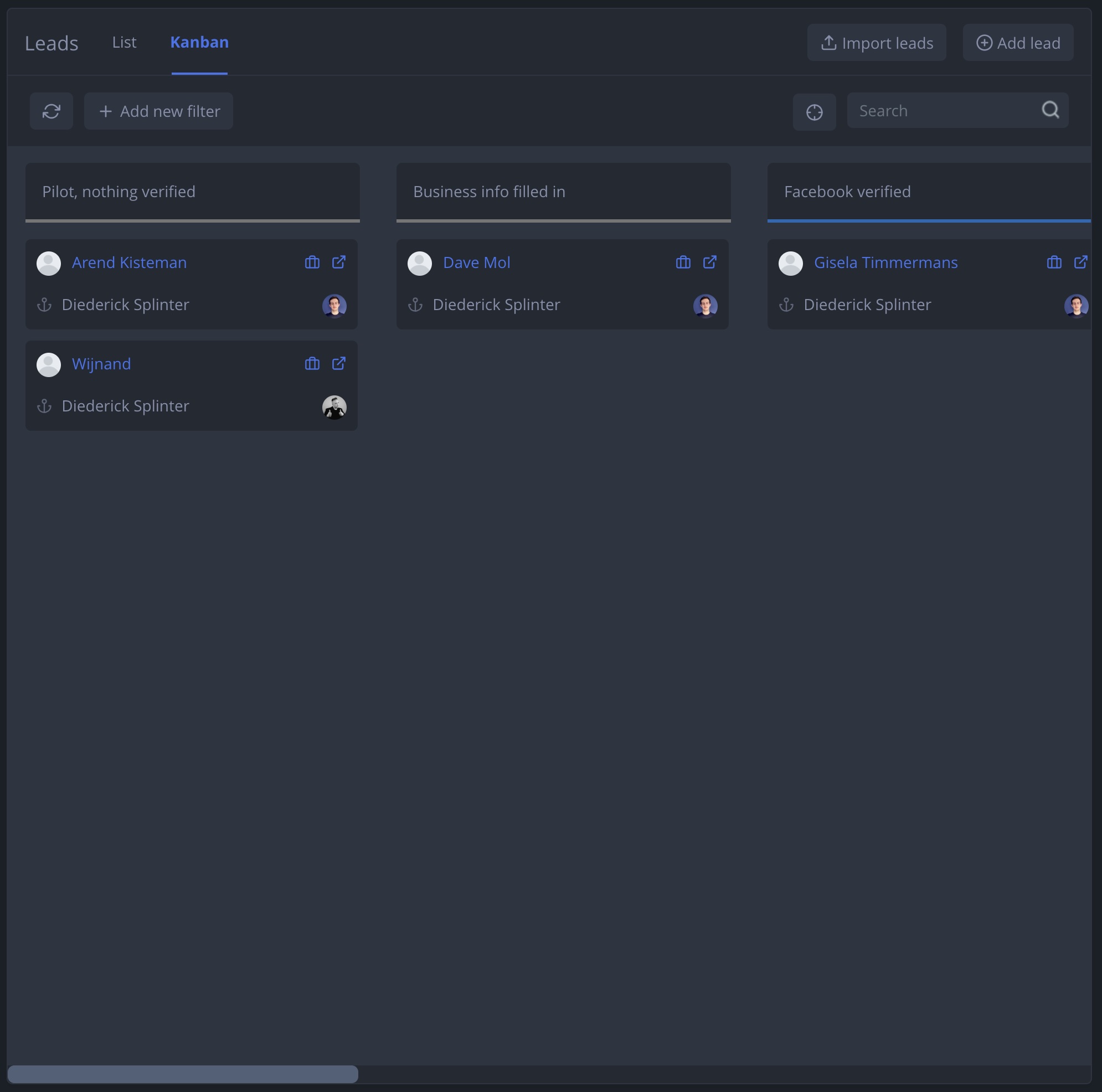 NIZU Leads dark theme screenshot