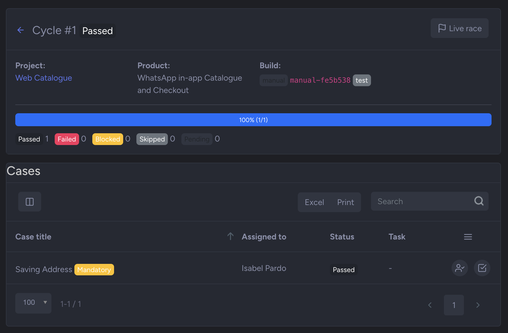 NIZU Live Testing interface dark mode