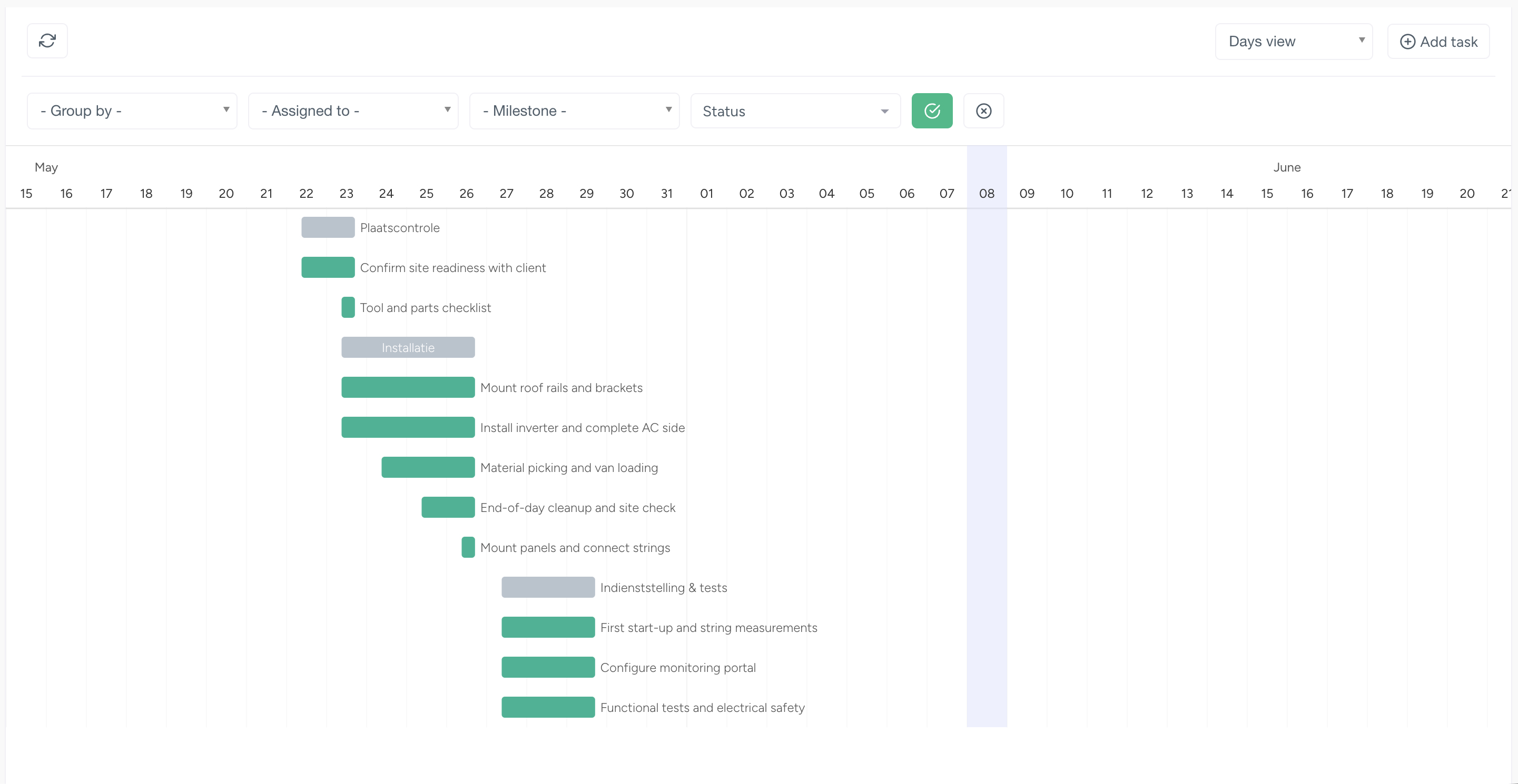 NIZU project management interface light mode