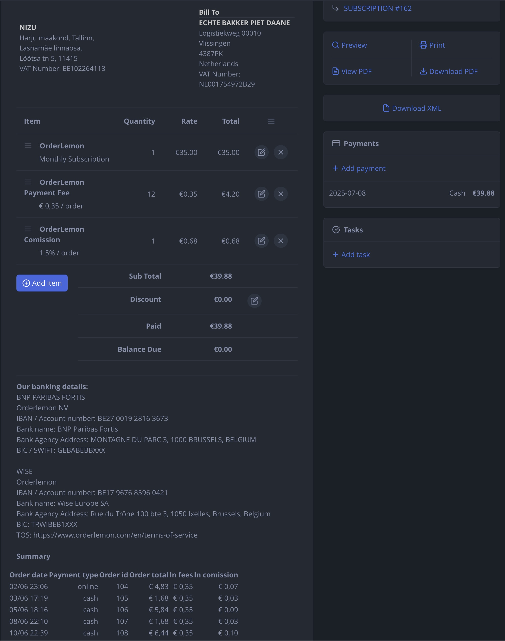 NIZU Sales dark theme screenshot
