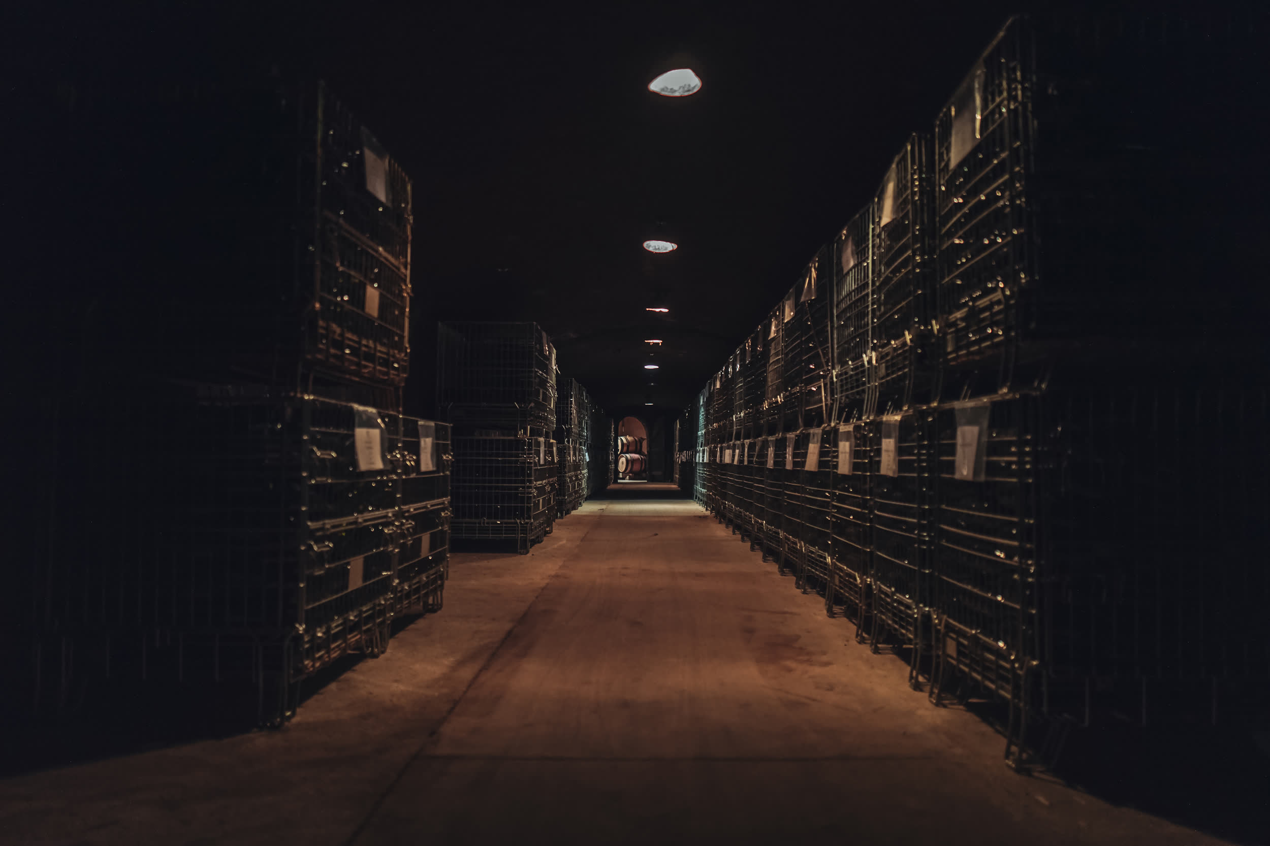 Dark warehouse aisle lined with tall pallet racks