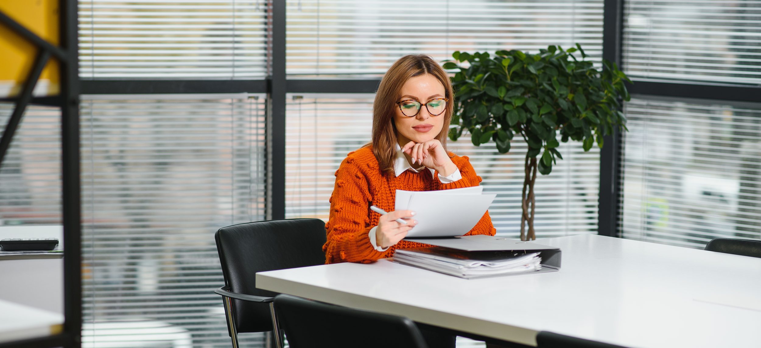Business professional reviewing agreement documents at a meeting table in a bright office